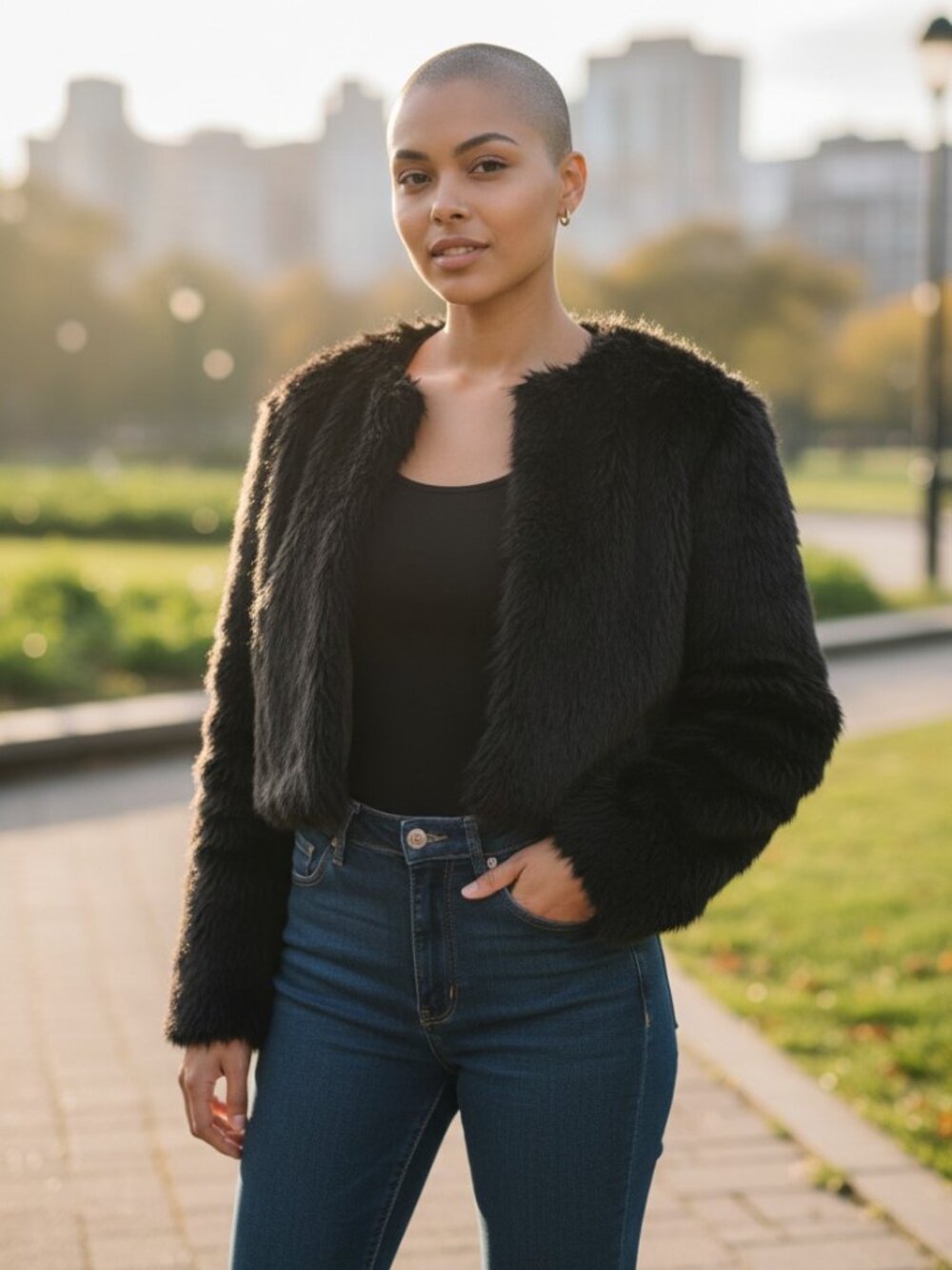 Black Faux-Fur Cropped Jacket